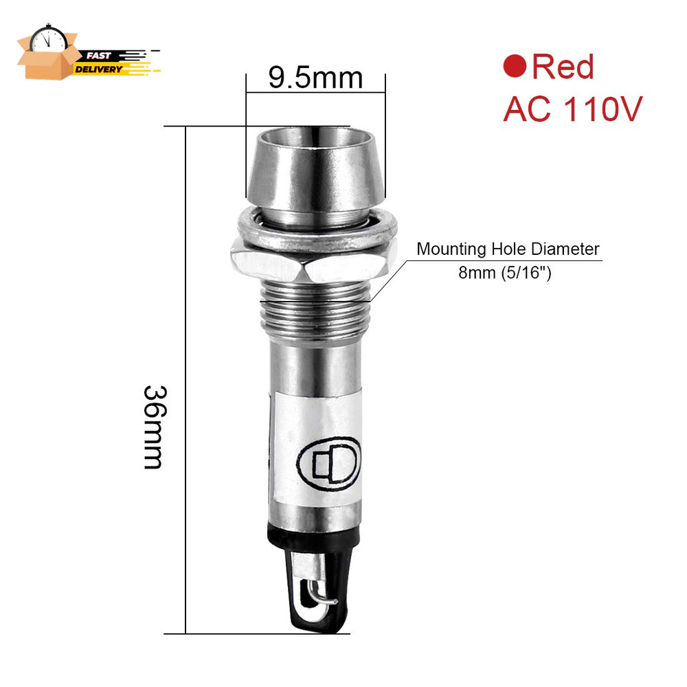 Indicator Light AC 110V, Red, Metal Shell Panel Mount 8Mm 5/16" 5Pcs