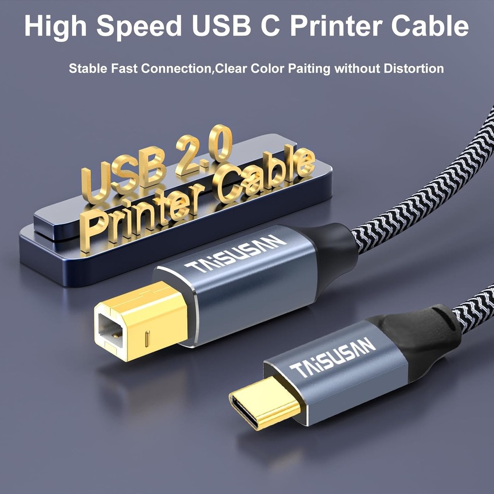 USB C to B Printer Cable 6ft, MIDI Compatible for Keyboard, MacBook Grey