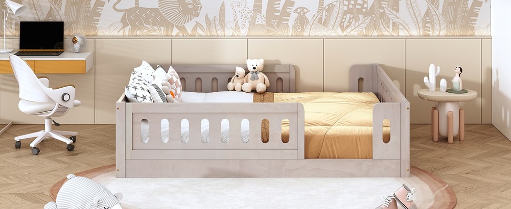 Wood Full Size Platform Bed with Guardrail, Natural