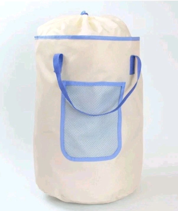 Laundry Backpack Cream/Blue Top Handles & Back Straps Drawstring Closure 18"Tall
