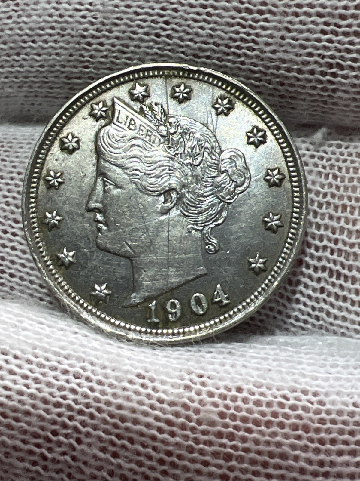 1904 Liberty V Nickel. UNC Detail. Scratches. Nice High Grade Old US Coin!