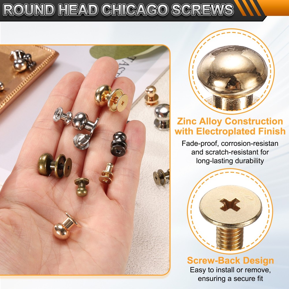 20Set Round Head Button Stud Screw 7mm Chicago Screws Button Rivets Gold