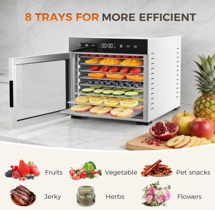 Deshidratador 500W 8 Bandejas Acero Temp 85°C Timer 24H Fruta Carne, Nuevo