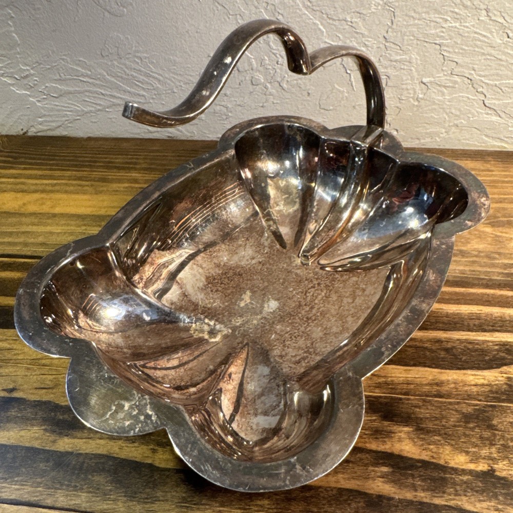 Vintage Silver Plate Candy Dish Scalloped Rectangular with Free Form Handle