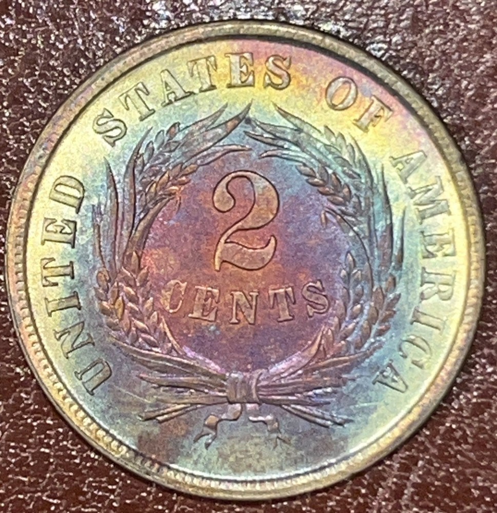 1866 2C Two Cent Rainbow Toned UNC High Grade Coin