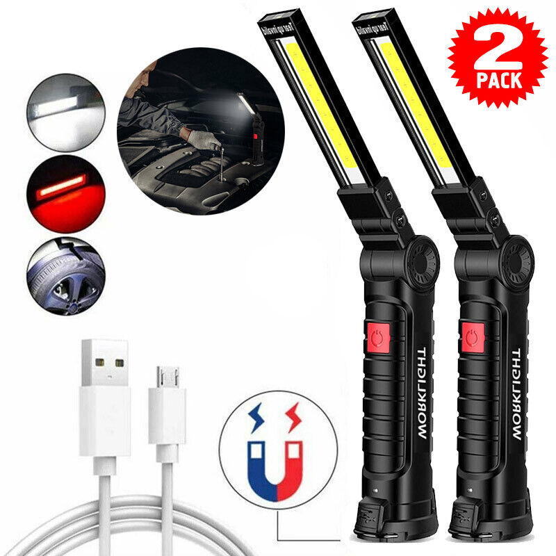 2 Super Bright USB Rechargeable COB LED Work Light Flashlight Folding Torch Lamp
