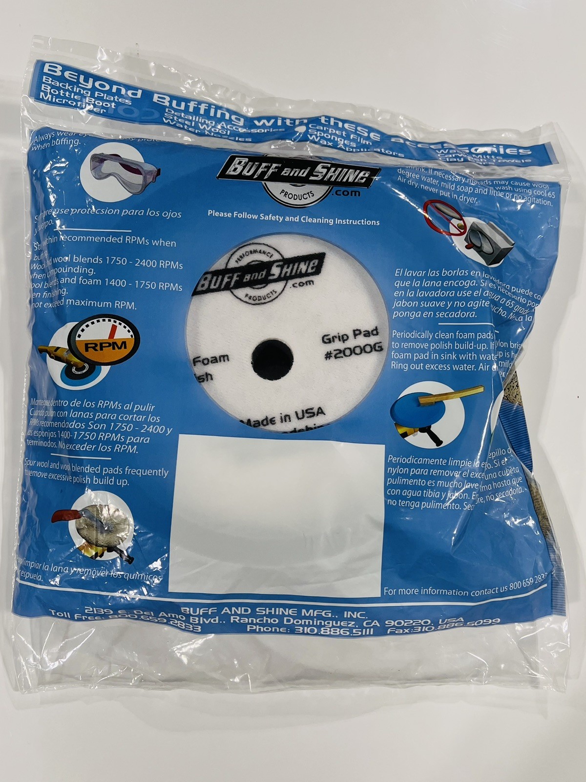 Buff & Shine 2000G 8″ x 2″ Recessed Hook & Loop Black Foam Grip Buffing Pad