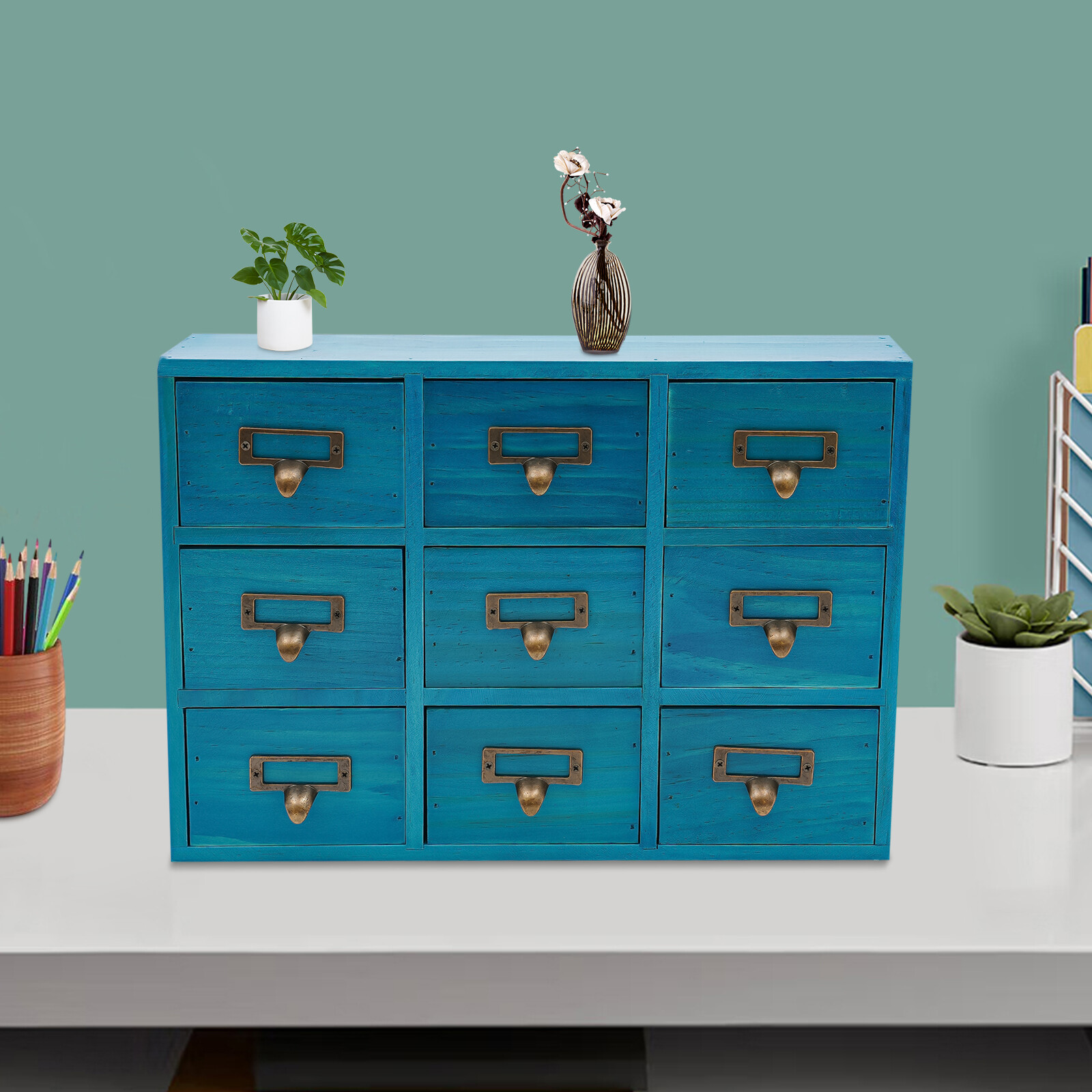 9 Drawers Apothecary Cabinet Case Wooden Desk Drawer Organizer Herb Storage Box