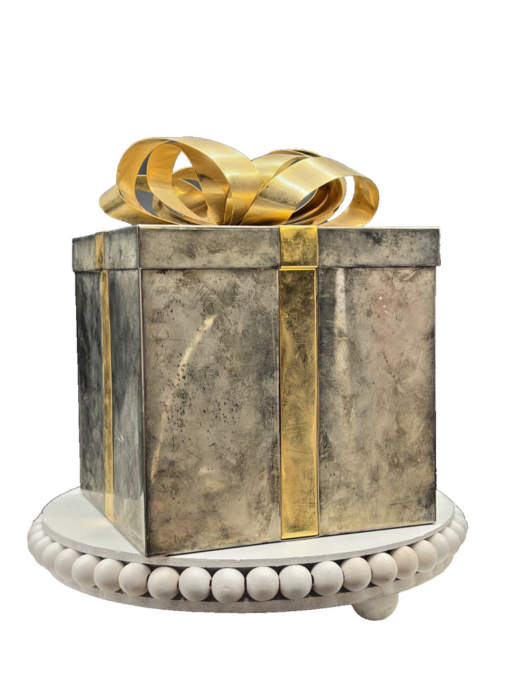 Godinger Two Tone Medium Present Box 6" Square 8"H with Bow Tarnished