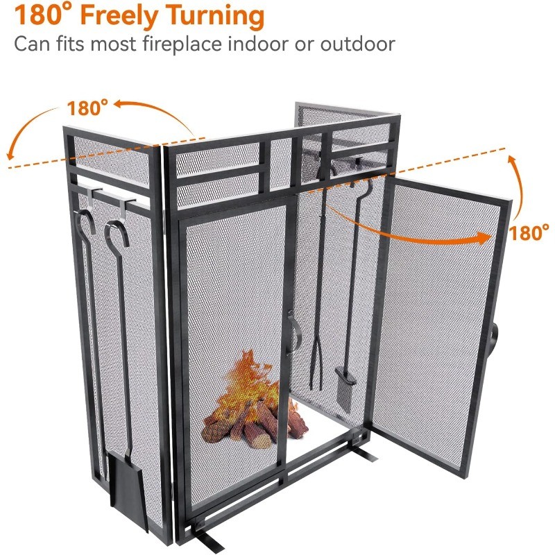 Fireplace Screen with Doors and Tools Set,3 Panel Foldable Metal Fireplace Guard