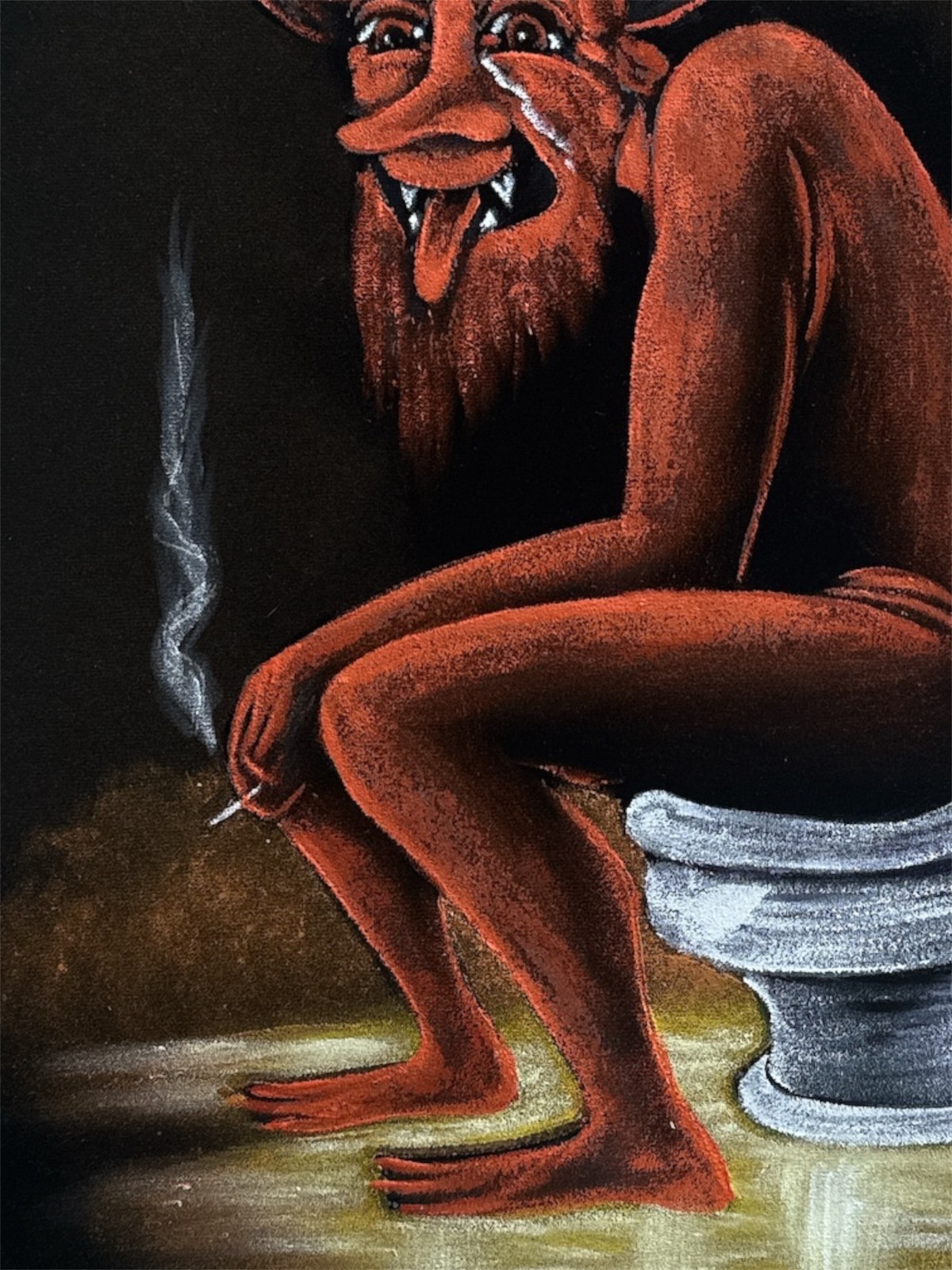 DEVIL ON THE TOILET , 18"X 22" HAND PAINTED,VELVET PAINTING, VINTAGE, WOOD FRAME