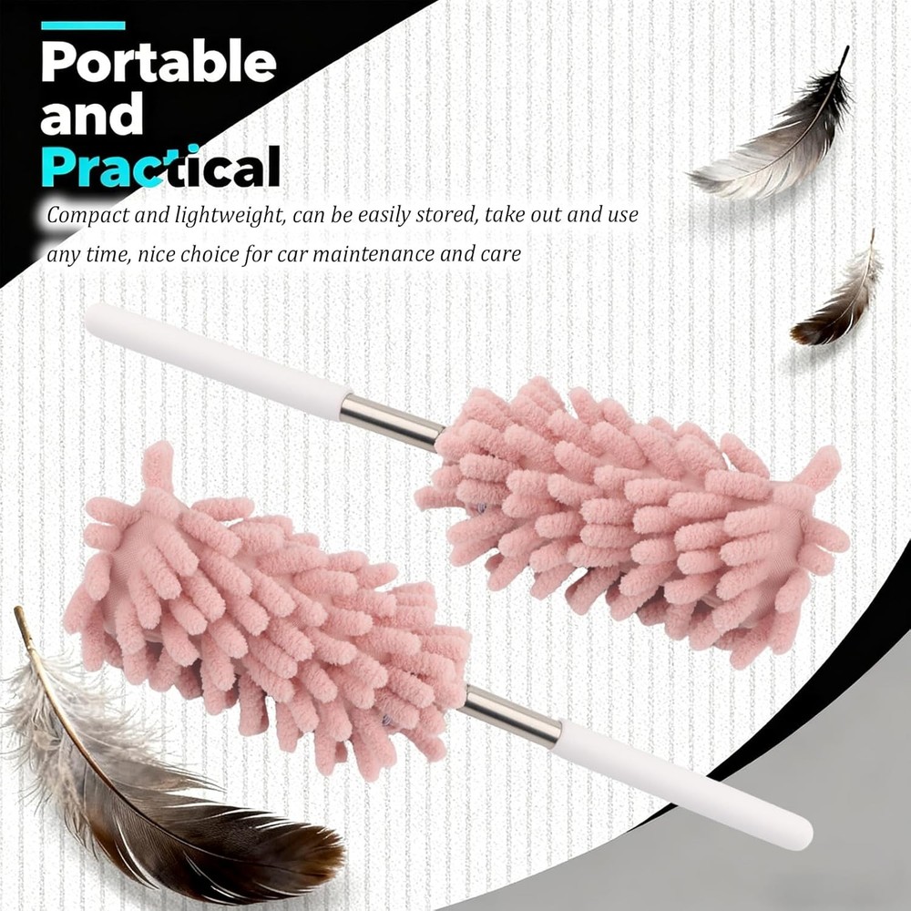 2PCS Car Interior Duster Pink Microfiber with Bendable Head & Retractable Pole