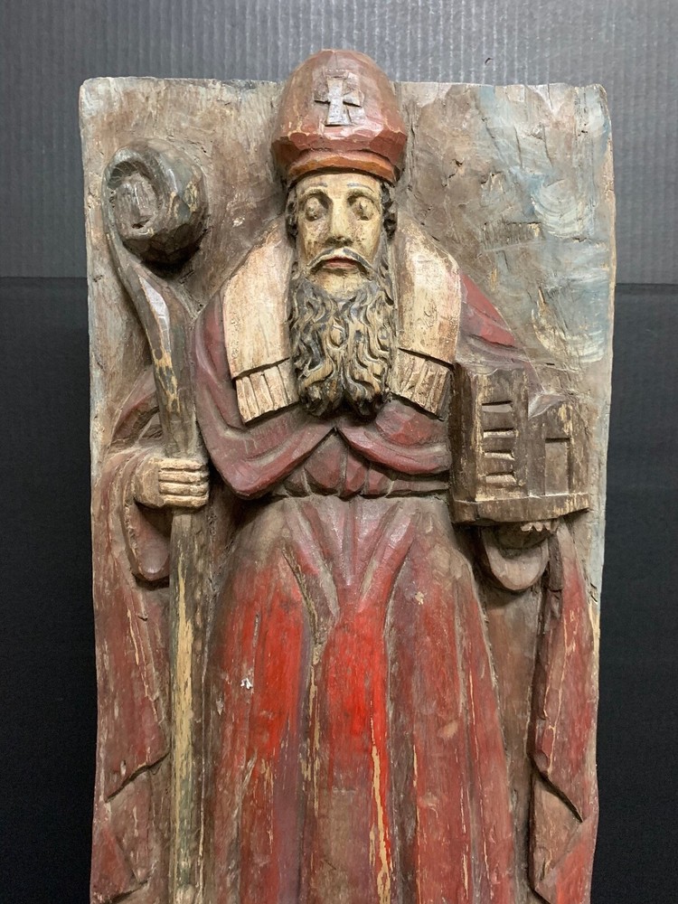 LARGE CARVED WOOD RELIGIOUS POLYCHROME SAINT AUGUSTINE PLAQUE