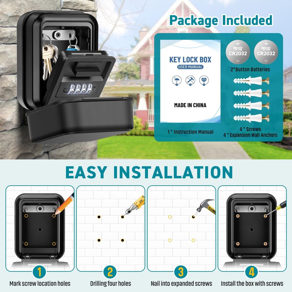 Key Lock Box, Waterproof Wall Mount Lock Box for Keys with Code, 4 Digit Comb...