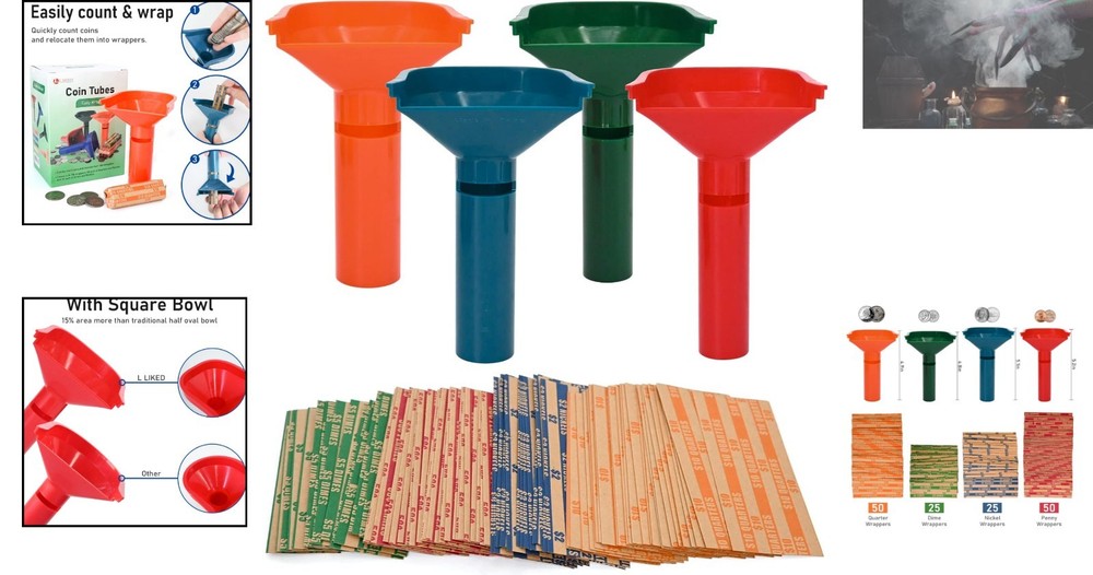Color-Coded Coin Wrapping Set: 150 Assorted Coin Wrappers with Sorter Tubes