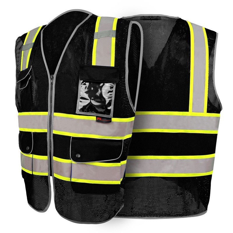 FX Class2 Hi-Vis Reflective Safety Vests with 6 Pockets and Zipper Front Black.