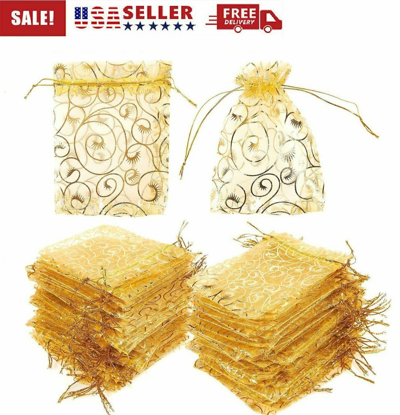 100x Gold Sheer Organza Bags 4x5 Inch Mesh Jewelry Favor Drawstring Gifts Bags