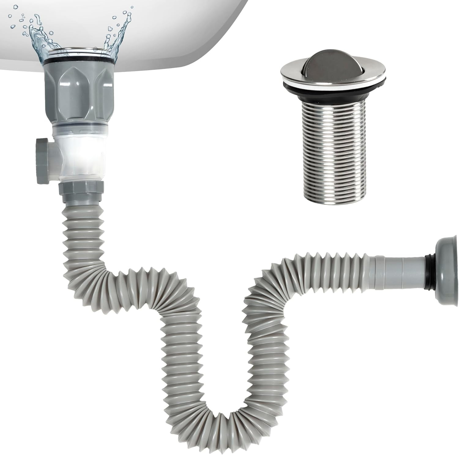 Expandable Bathroom Sink Drain Kit with Flexible P Trap for PVC Pipes