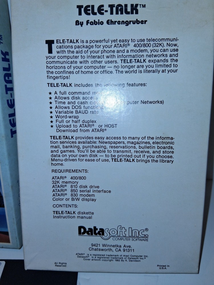 1982 TELE-TALK by DataSoft Telecommunications Software for Atari 400/800 32K Op