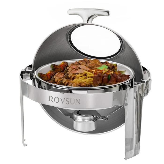 6Qt Round Roll Top Chafing Dish Buffet Set with Convenient Handle Visible Window
