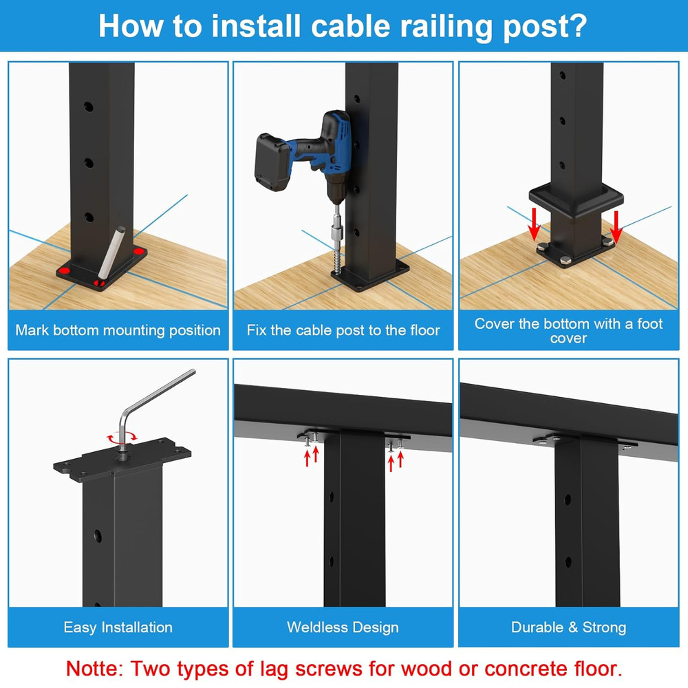 36" Black Surface Mount Cable Railing Post Kit for Decks - Stainless Steel