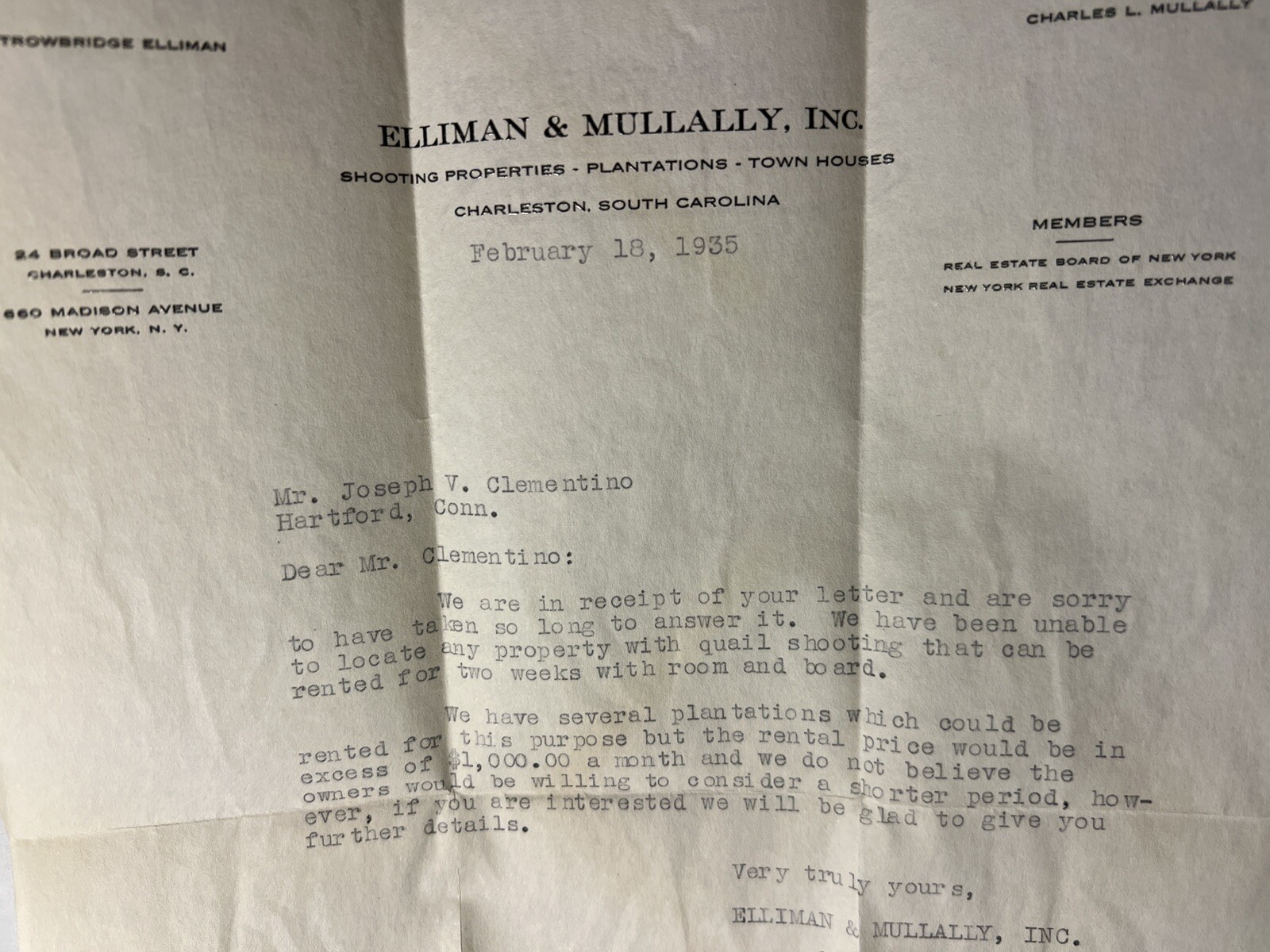 Charleston SC Ellimann& Mullally Inc Letter 1935 Correspondence Letterhead
