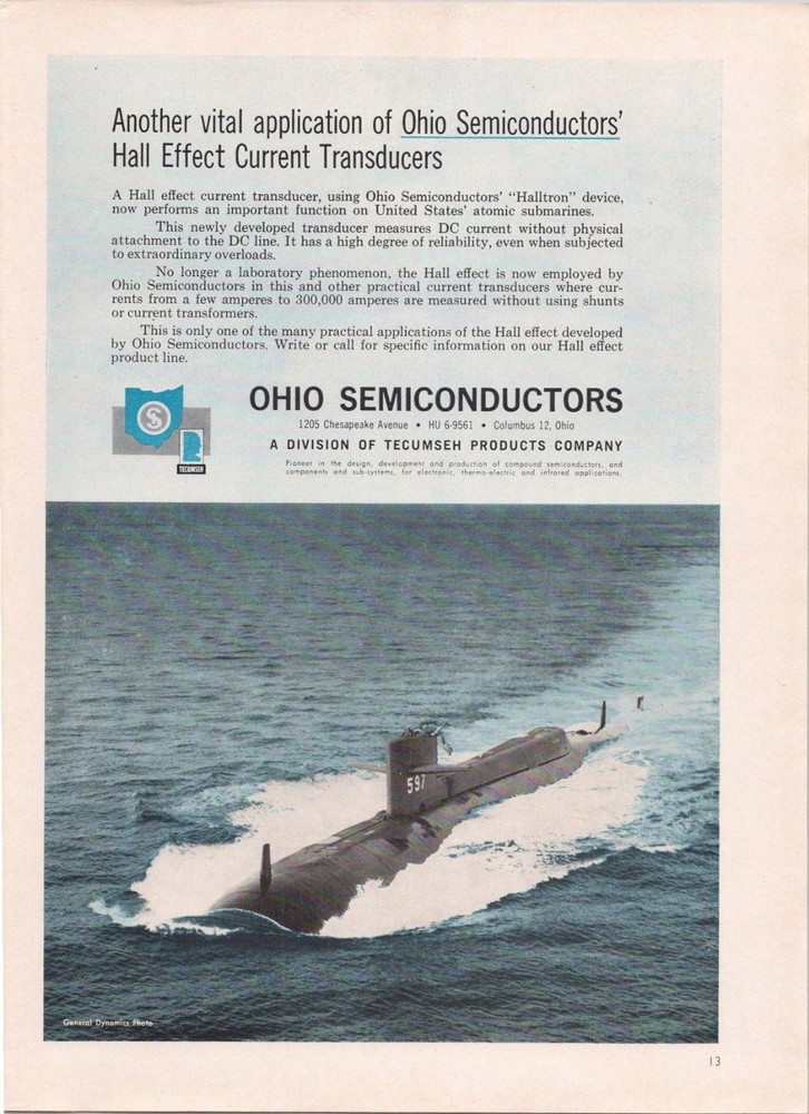 Ohio Semiconductors 1962 Print Ad Hall Effect Current Transducers Submarine