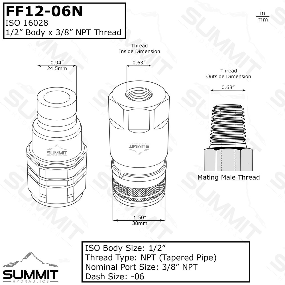 3/8" NPT Skid Steer Flat Face Hydraulic Quick Connect Coupler / Coupling Set