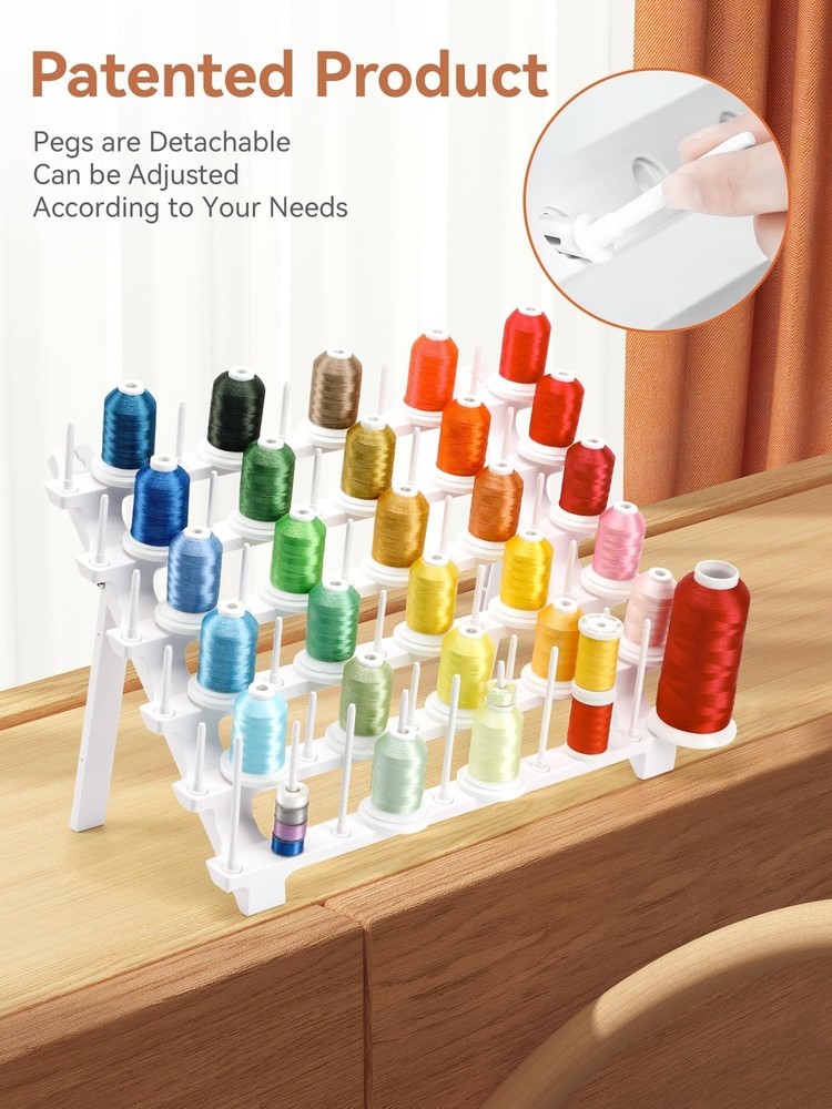 Thread Rack, Bright White Plastic Thread Holder with 60 Pegs and Extra 10 Lon...