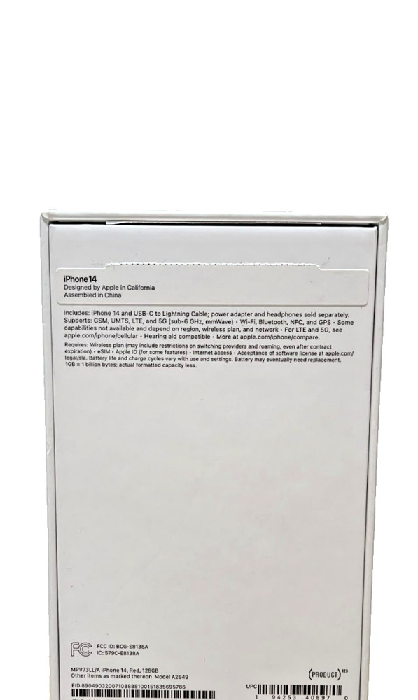 Apple iPhone 14 RED Genuine Empty Box 128 GB