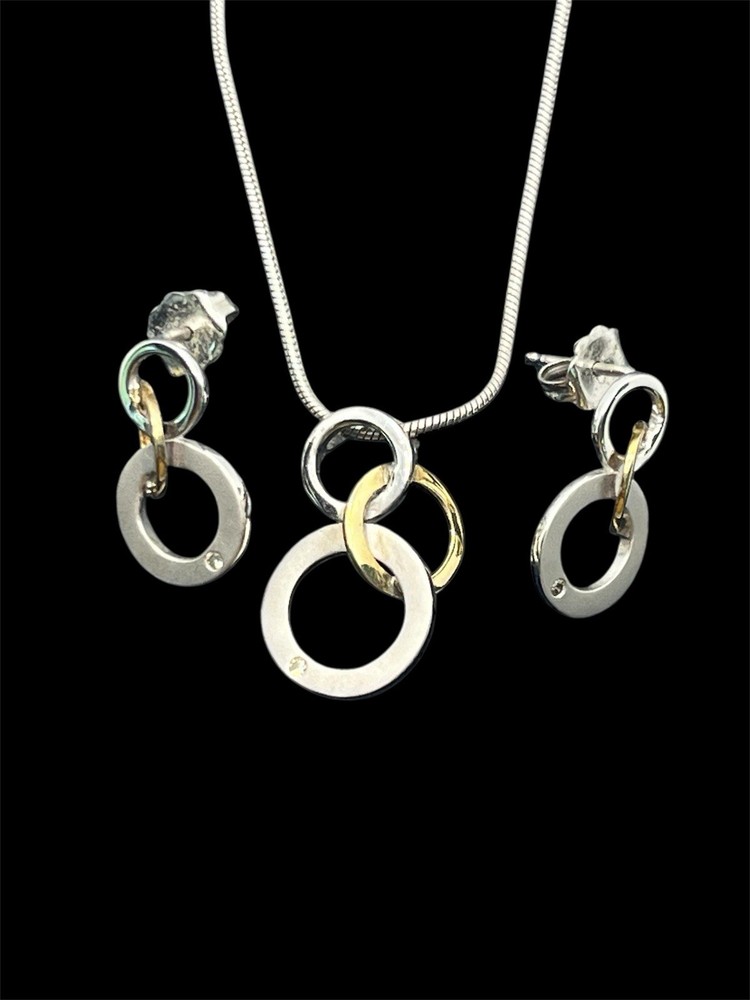 14k & sterling silver diamond interlocking circle earrings & necklace set