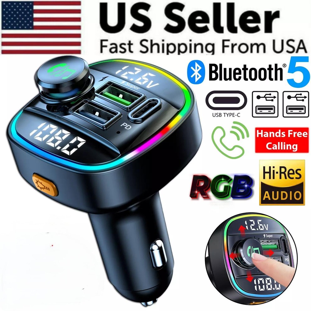 Bluetooth 5.0 Car Wireless FM Transmitter Adapter USB PD Charger AUX Hands-Free