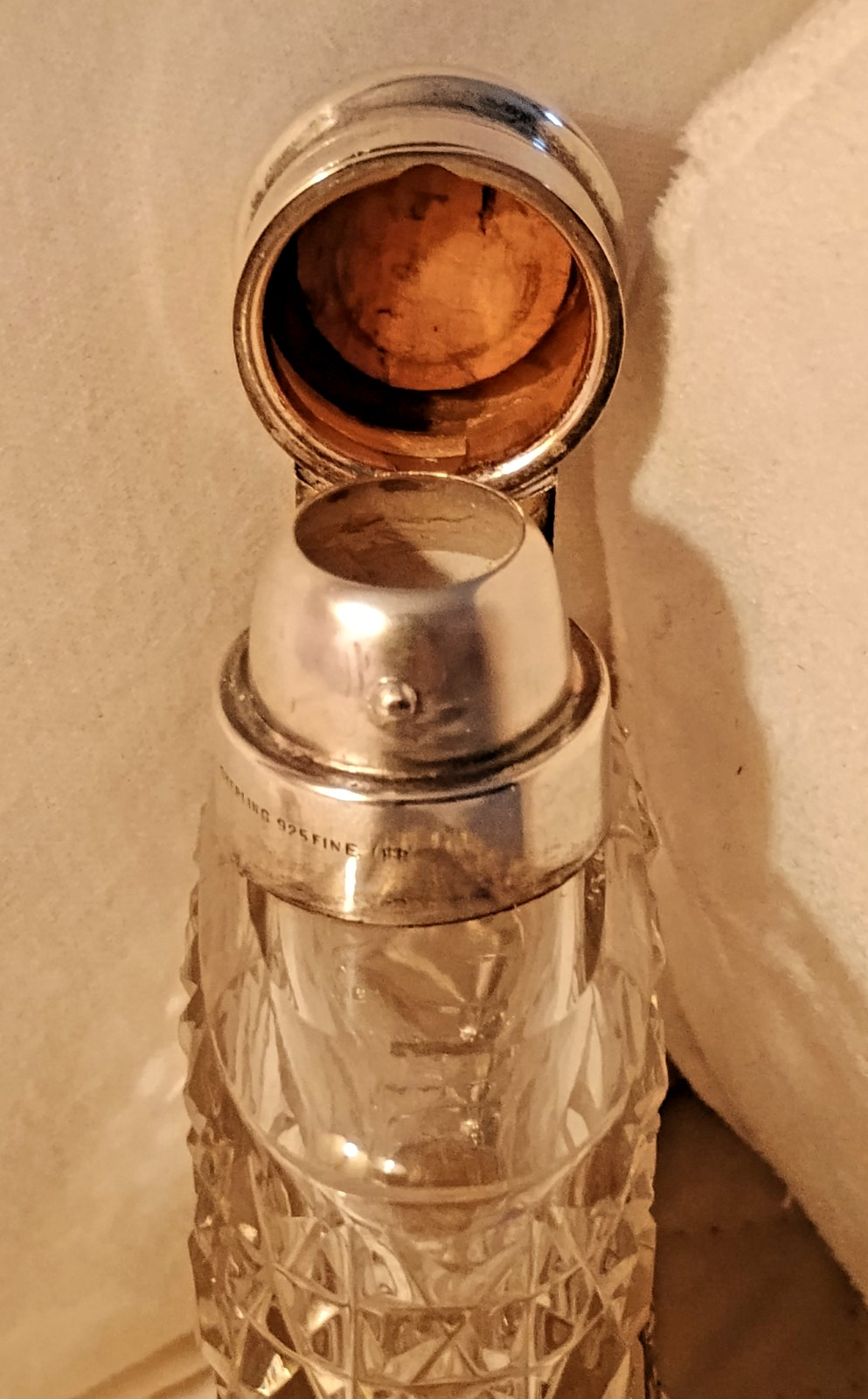 Vintage Crystal Flask w/ Sterling Silver Cup w 3D Repousse & Bayonet Mount Cup