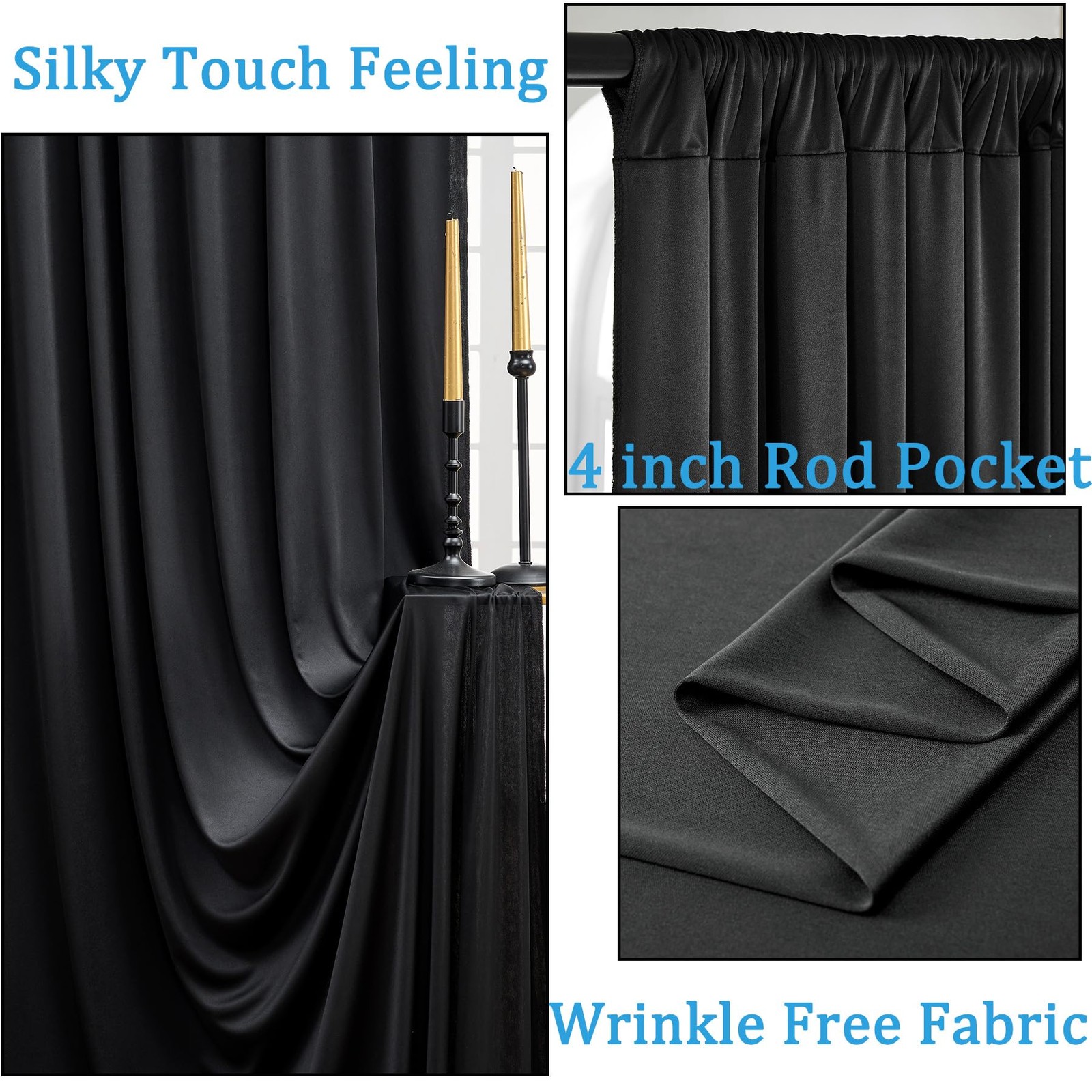 30ft x 10ft Black Backdrop Curtain - 6 Panels Polyester Drapes for Events