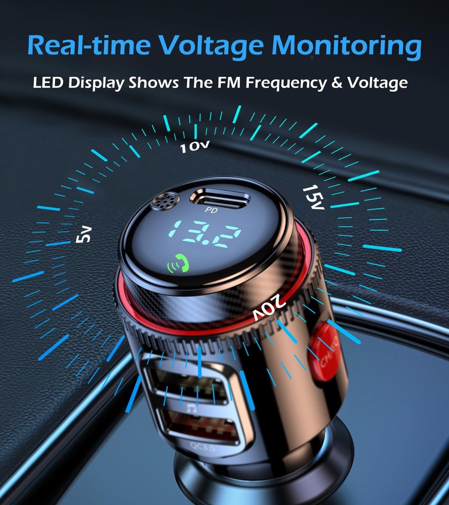 Bluetooth Car Adapter, Wireless AUX FM Transmitter, USB CQC3.0 Dual Fast Char...