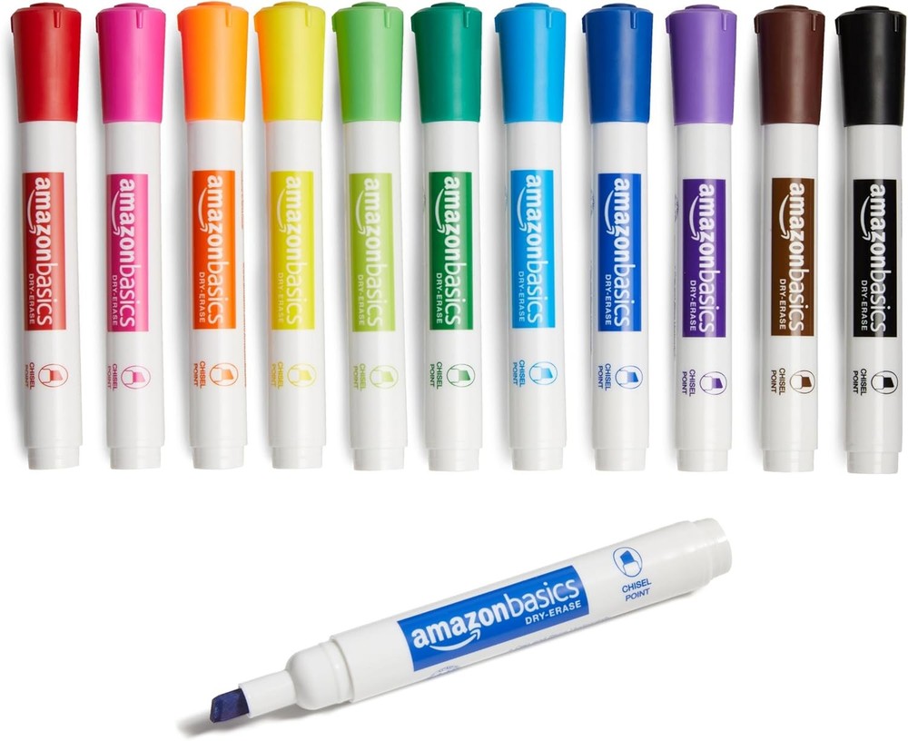 Dry Erase Whiteboard Markers, Chisel Tip, Low-Odor, Assorted Colors, 12-Pack,