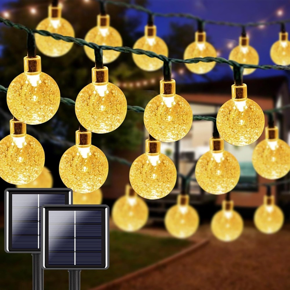 2 Pack 66FT 200LED Outdoor Solar Globe String Lights Ball Bubbles 8 Modes Yellow