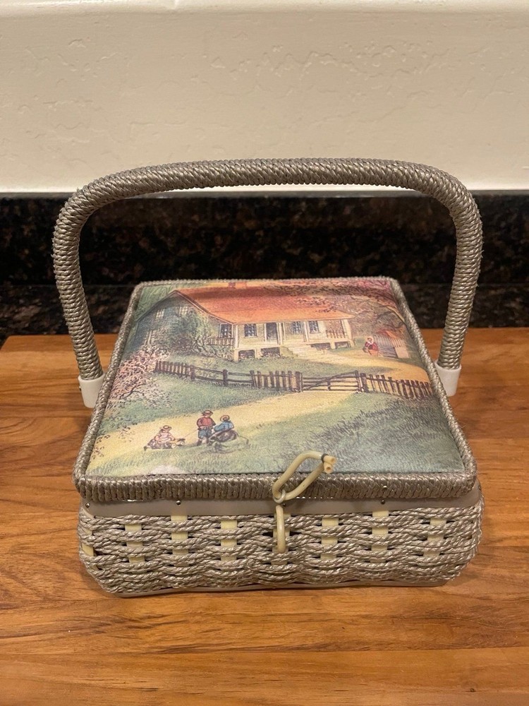 Vintage Weaved String & Fabric Sewing Basket