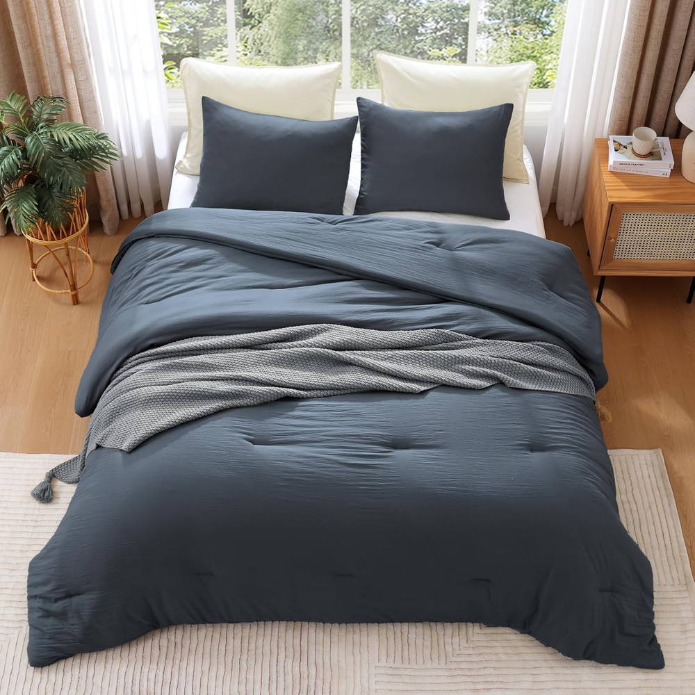 Queen Comforter Set - 3 Pieces Prewashed Blue Grey Comforter Soft Lightweight fo