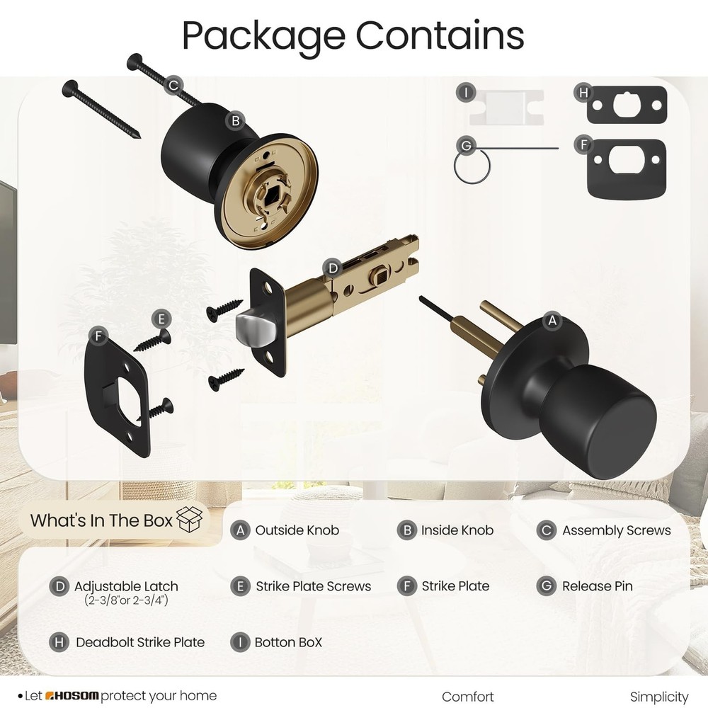 HOSOM Passage Door Knob, Matte Black Door Knobs Keyless Doorknobs for Interio...