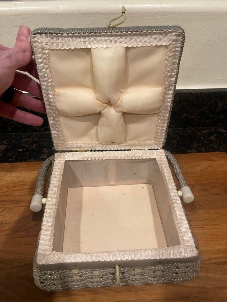 Vintage Weaved String & Fabric Sewing Basket