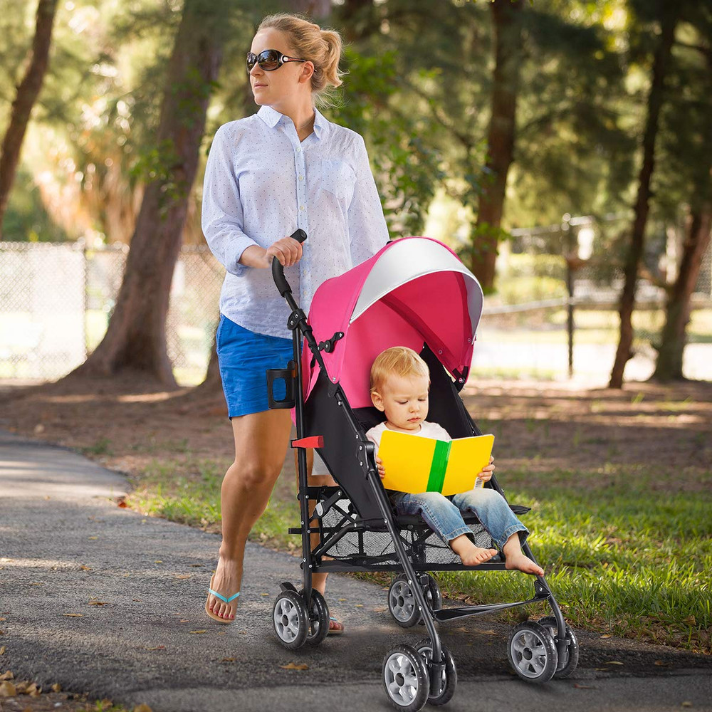 Compact Lightweight Baby Stroller for Travel - Adjustable, Foldable, Pink