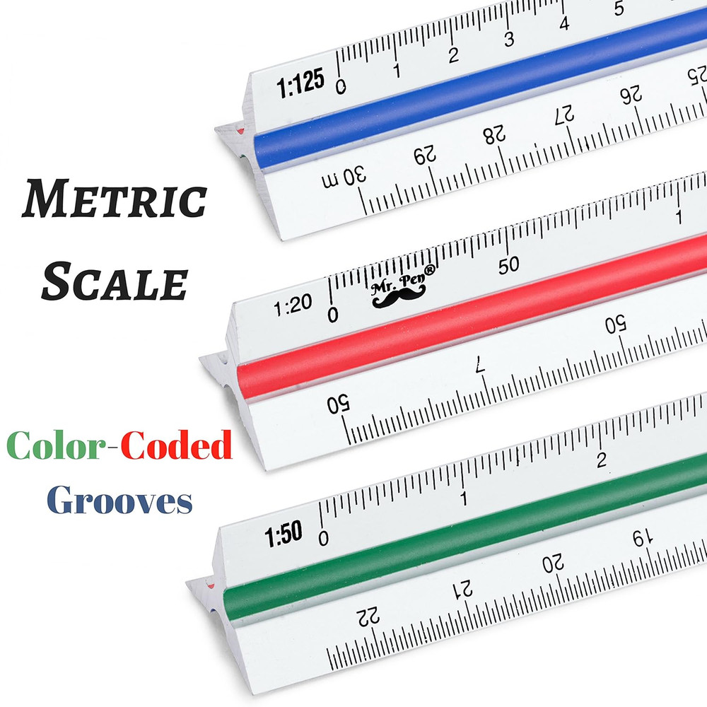 - Metric Engineer Scale Ruler, Ruler, 12" Aluminum Scale Ruler, Triangular Scale
