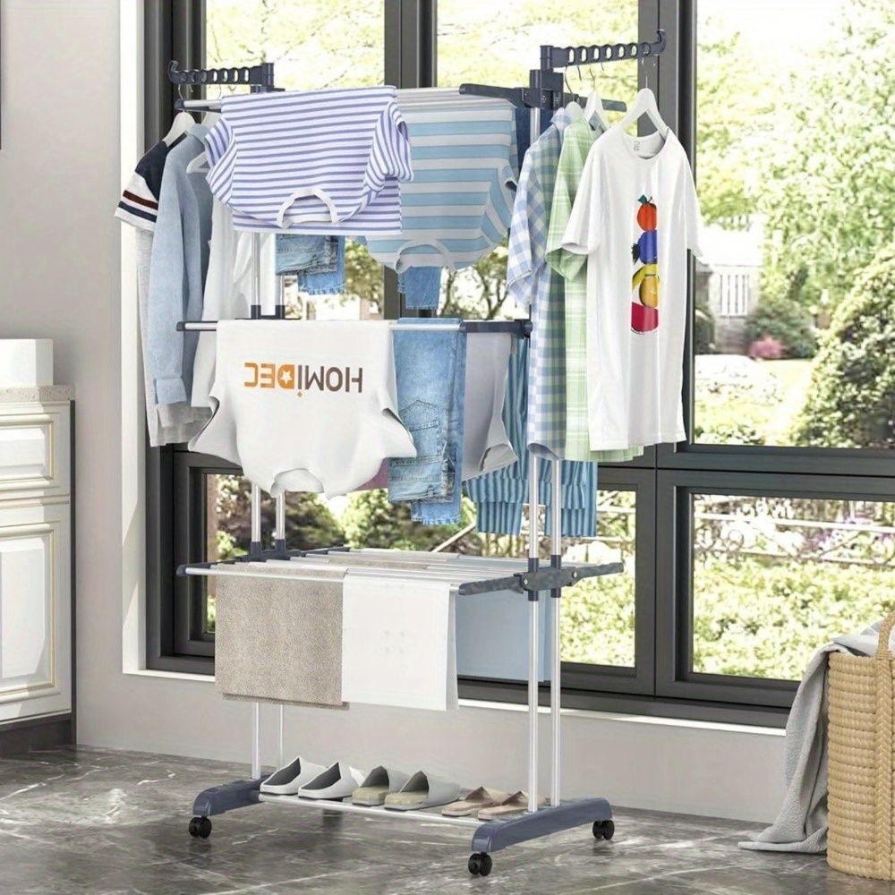 4-Tier Foldable Clothes Drying Rack with Wheels - Space-Saving Laundry Solution