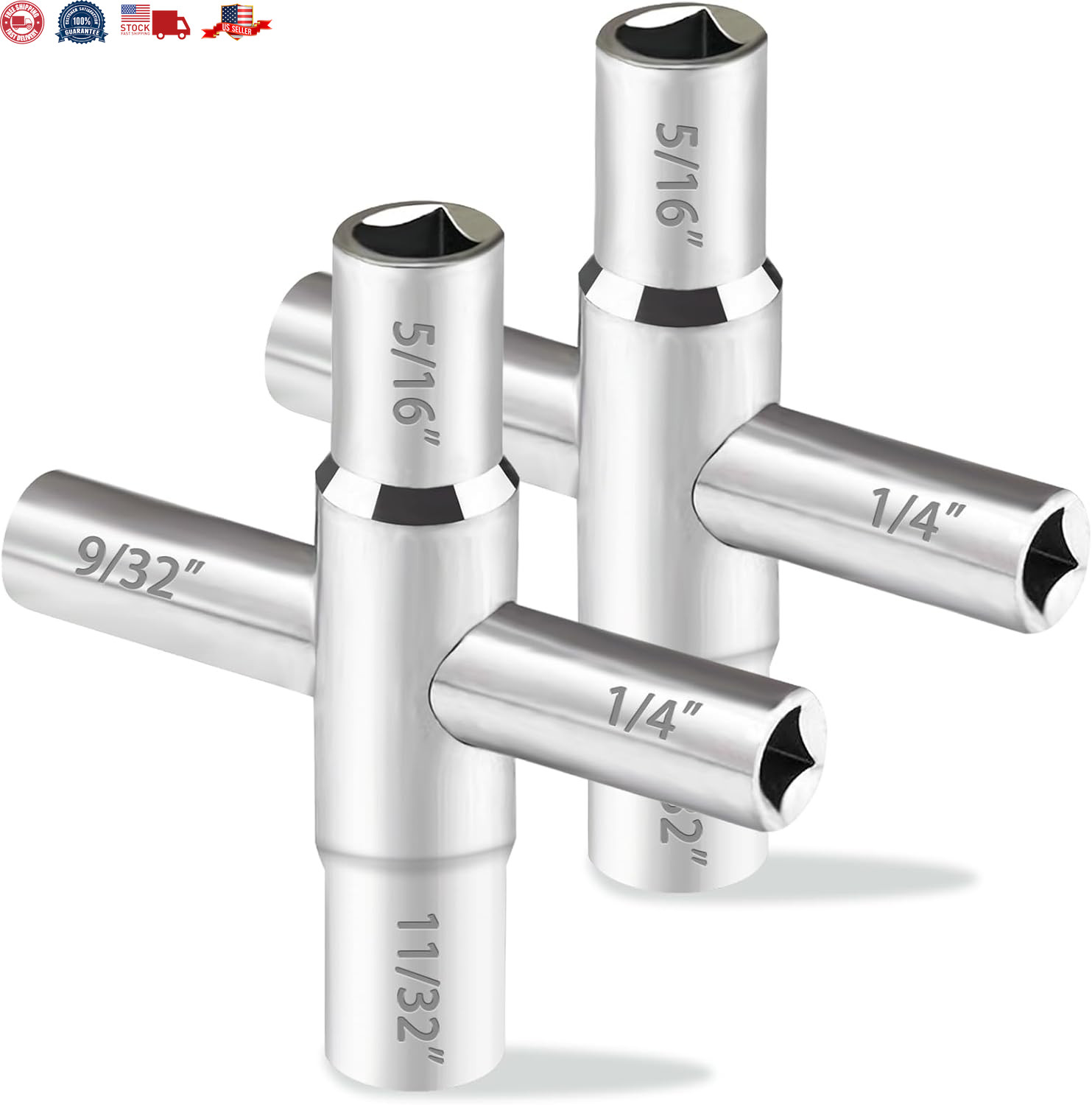 2Pcs 4 Way Sillcock Key Set 1/4", 9/32", 5/16", 11/32 Steel Sillcock Water Hose