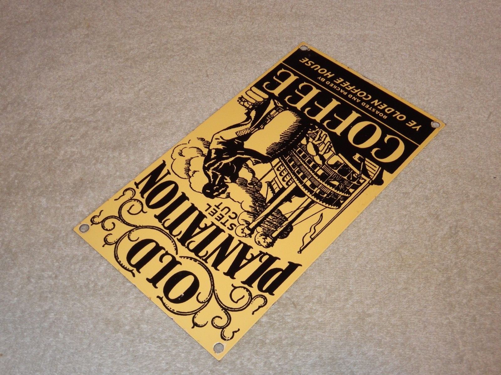 VINTAGE OLD PLANTATION COFFEE W/ PADDLE BOAT 10.5" PORCELAIN METAL GASOLINE SIGN