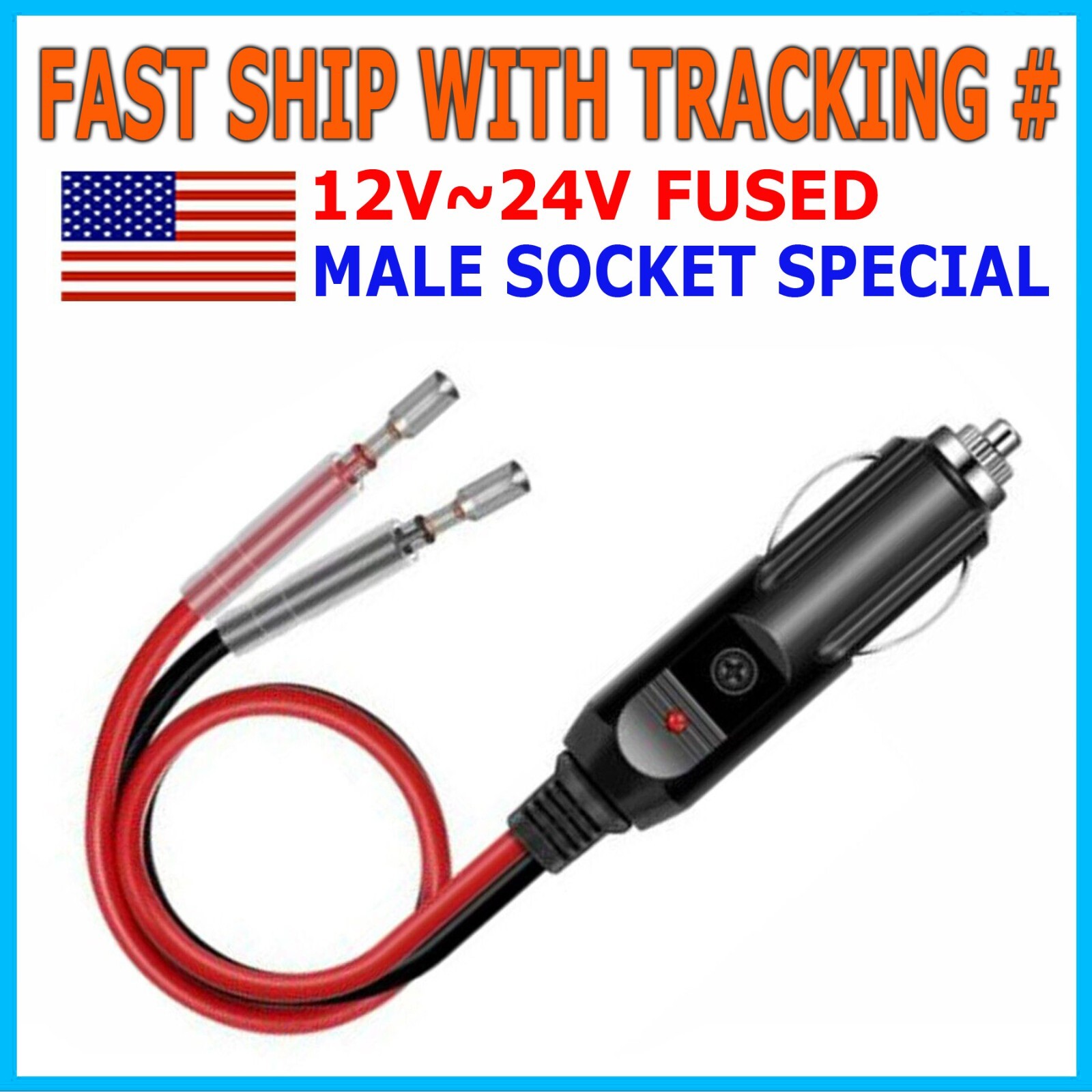12V ~ 24V Fused Male Car Cigarette Lighter Socket Plug Connector Cable