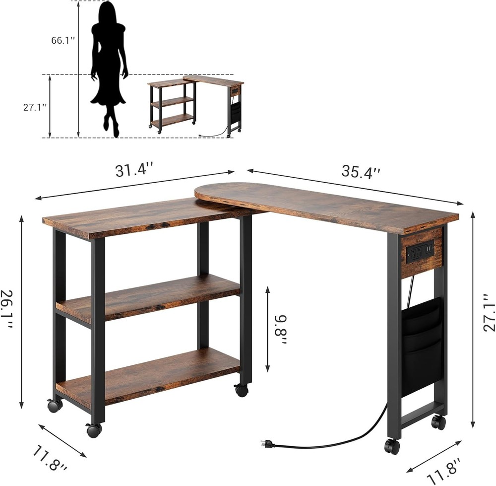 Rotating End Table With Charging Station Sofa Side Table With Extra Storage Bag