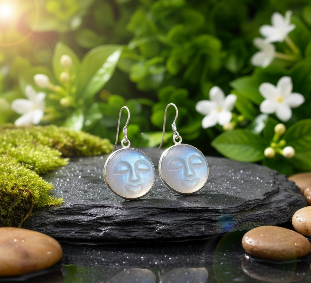 Solid 925 Sterling Silver Handcarved Rainbow Moonstone Moonface Dangle Earrings