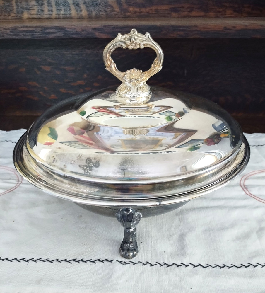 Covered footed silver-plated serving dish with lid 10 ¼” across